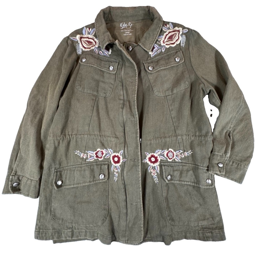 Kyla Seo Women's Large Jacket Chore Coat Embroidered Floral Army‎ Green Buttons